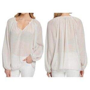 DKNY Womens Striped Sheer Peasant Top Ivory Small
